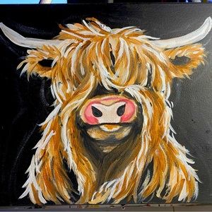 Highland cow painting on raised canvas. 8” x 10”